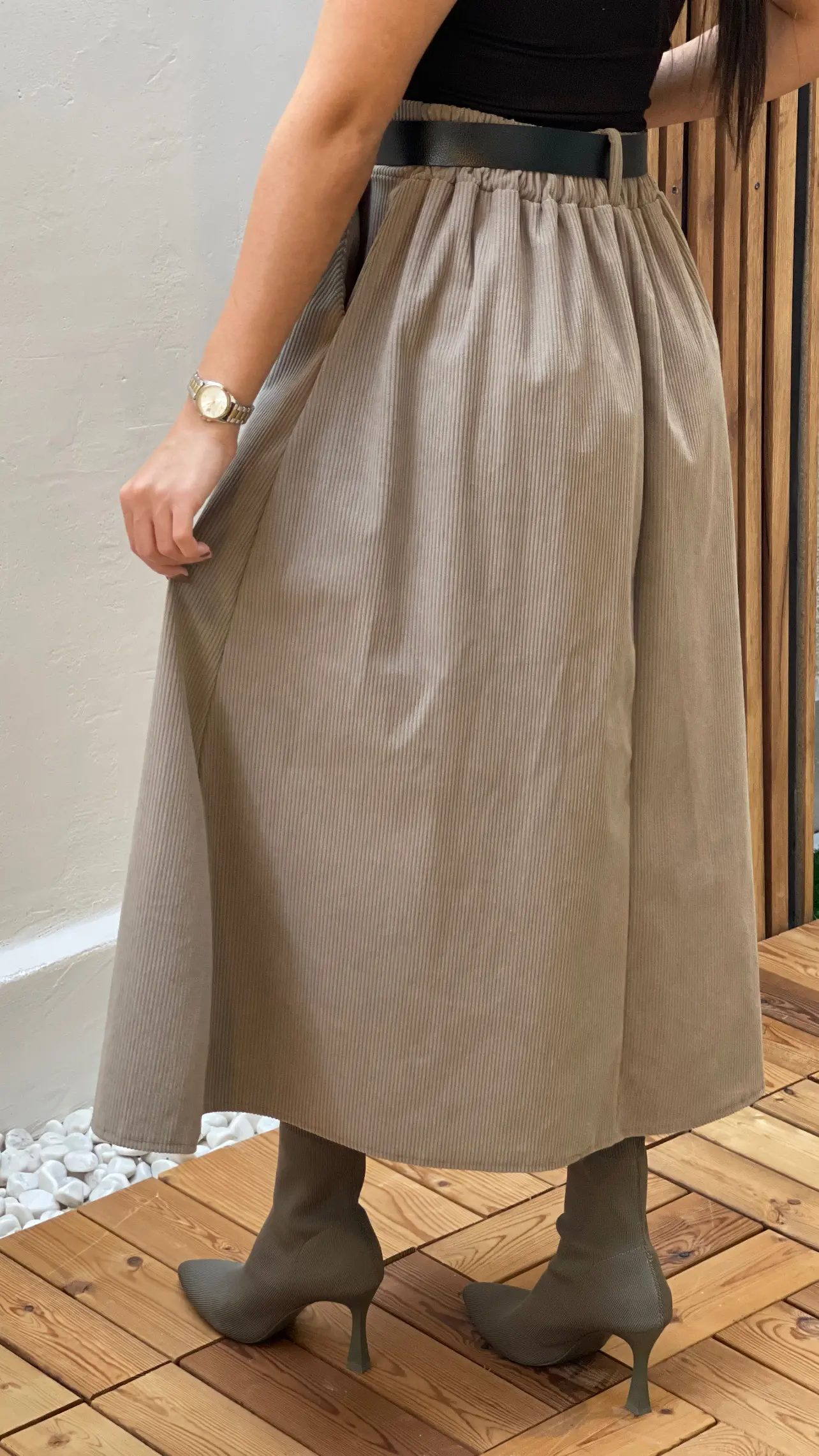 دامن مخمل کبریتی کمربنددار