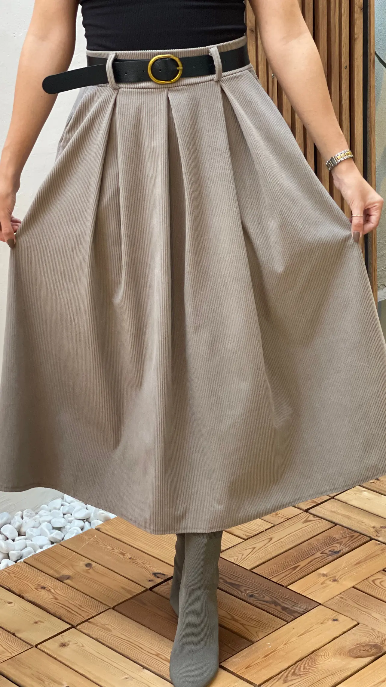 دامن مخمل کبریتی کمربنددار