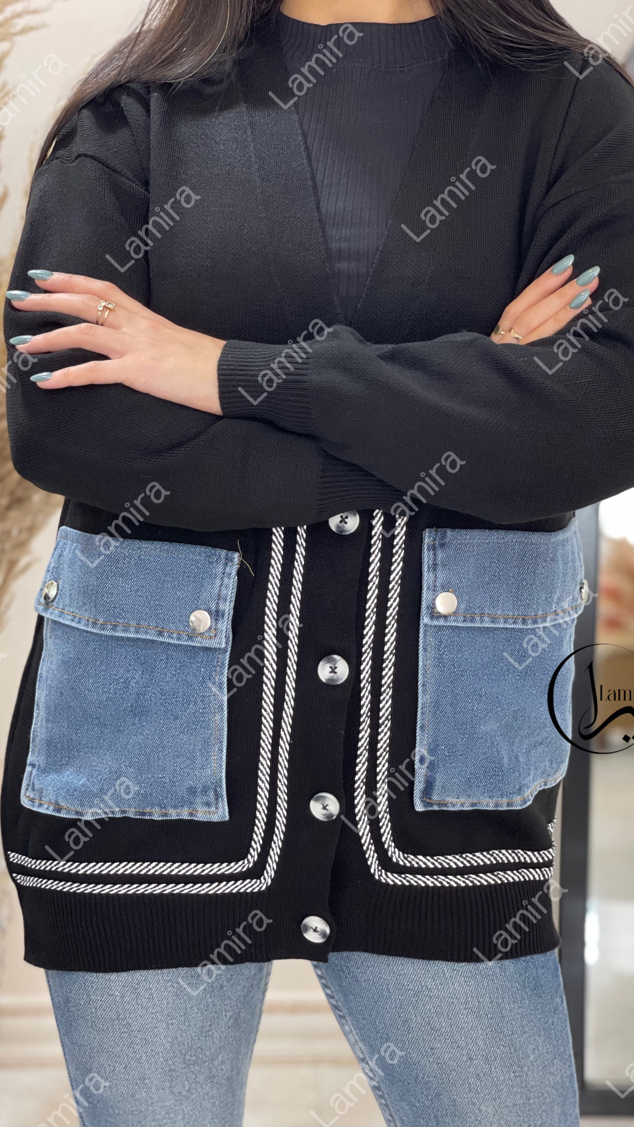 ژاکت بافت جیب جین
