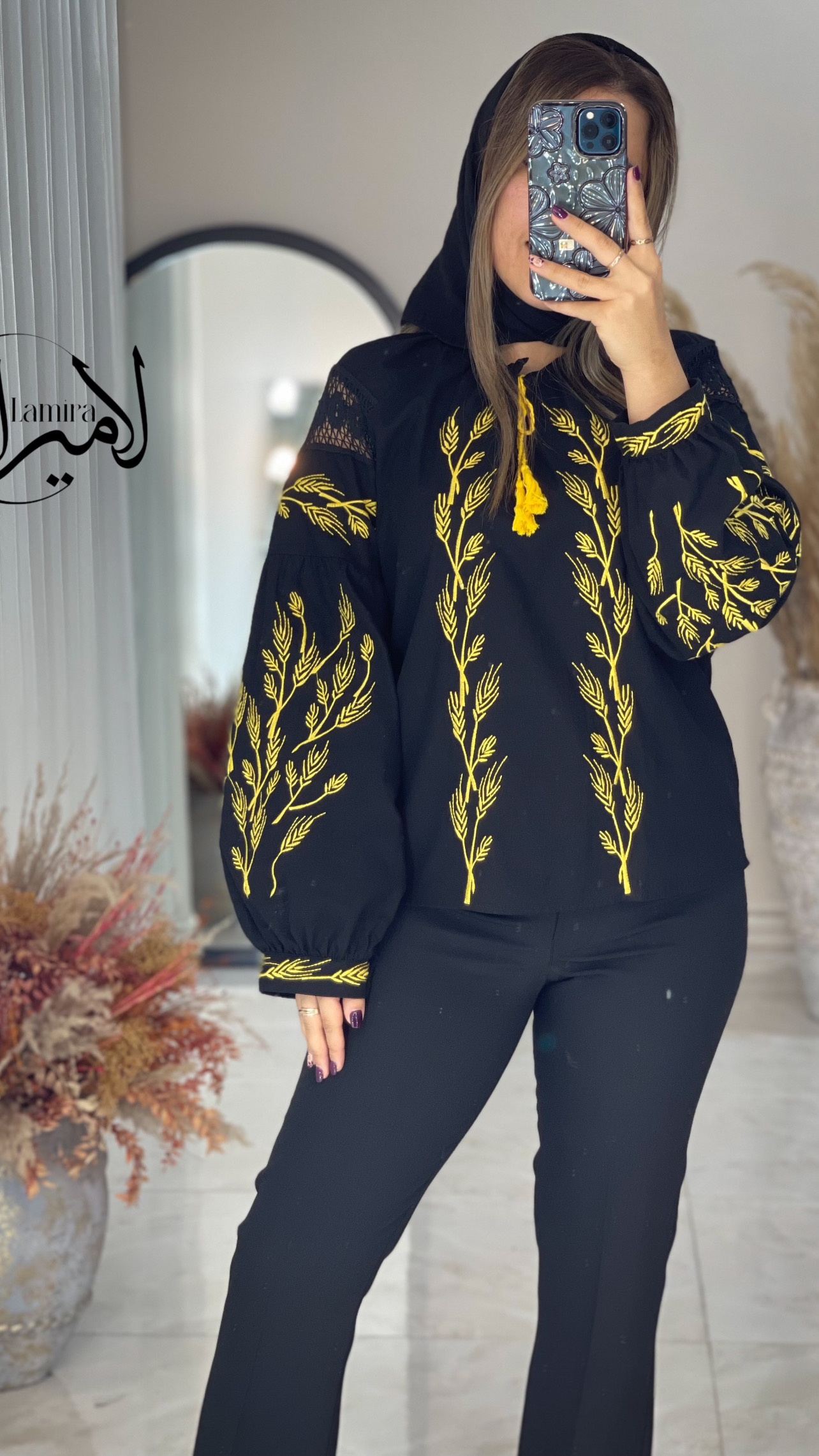 شومیز گلدوزی طرح گندم مشکی طلایی