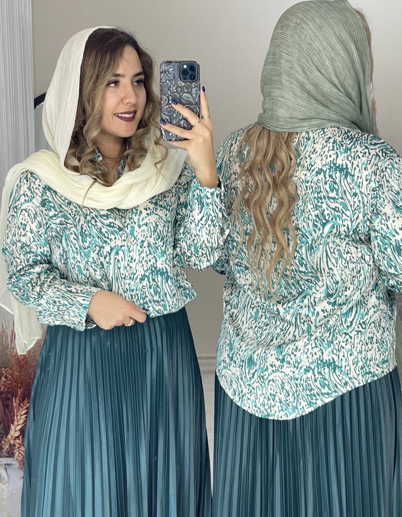 شومیز ساتن مجلسی طرح ریز سبز یلدایی