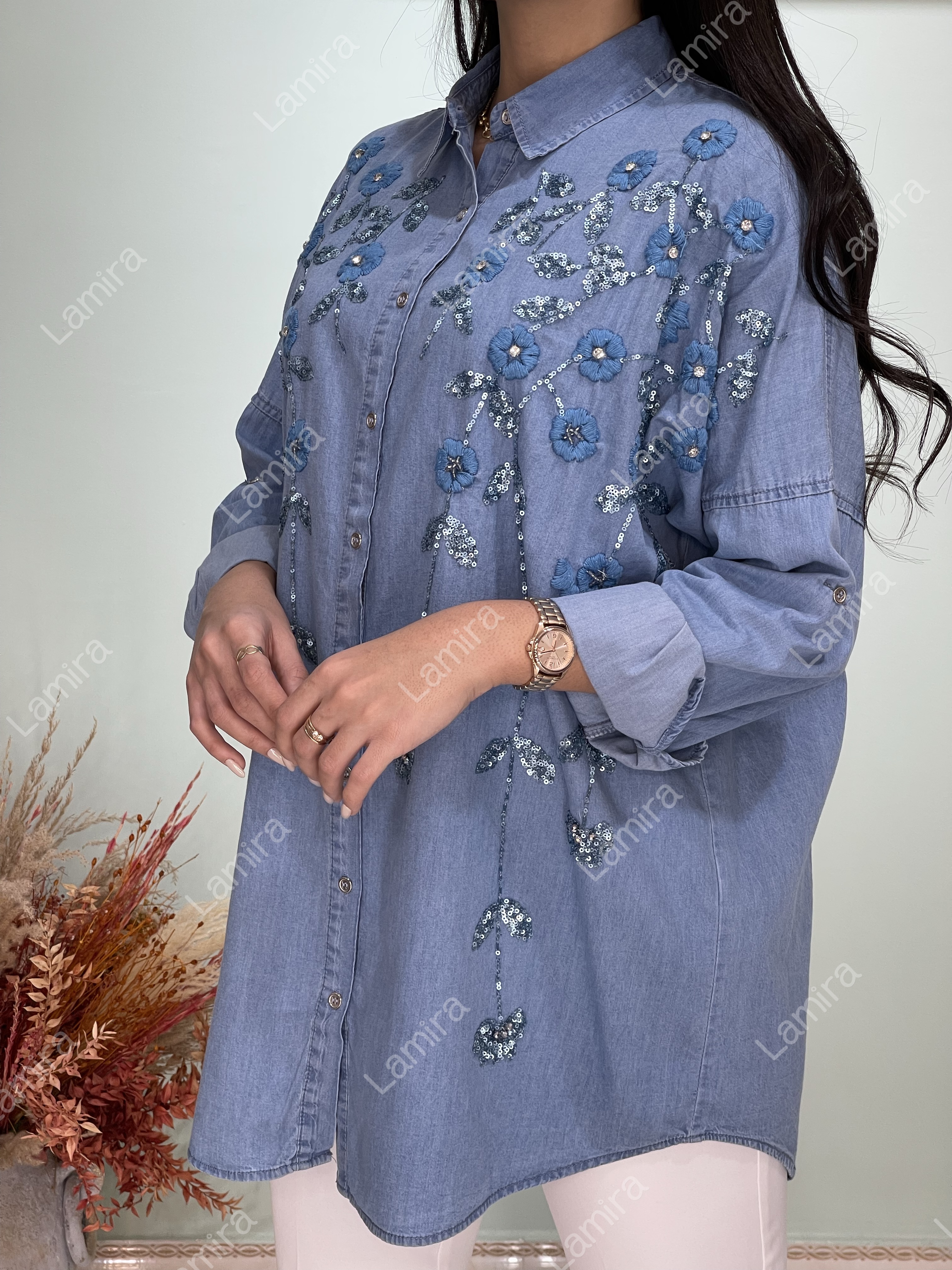 شومیز مانتویی مجلسی جین کار شده طرح گل