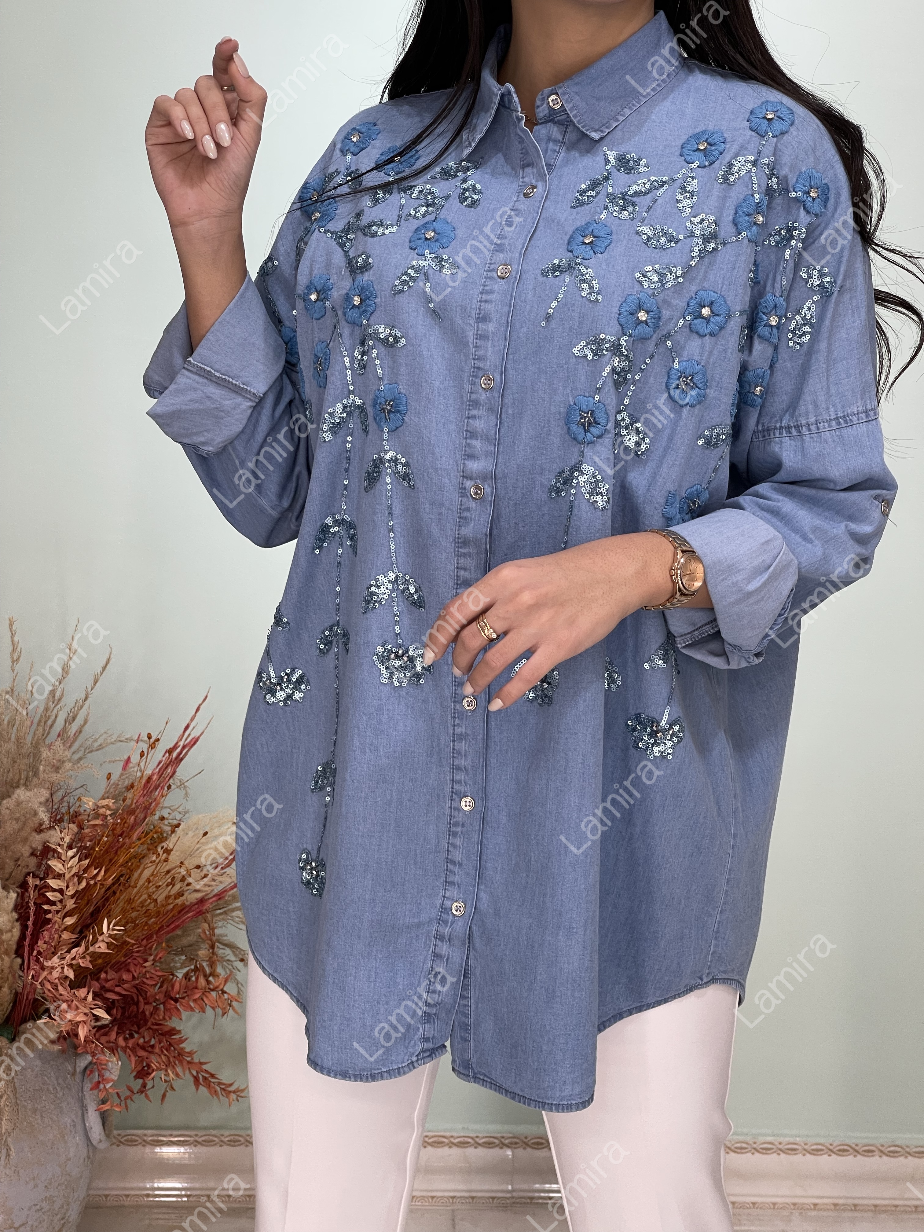 شومیز مانتویی مجلسی جین کار شده طرح گل