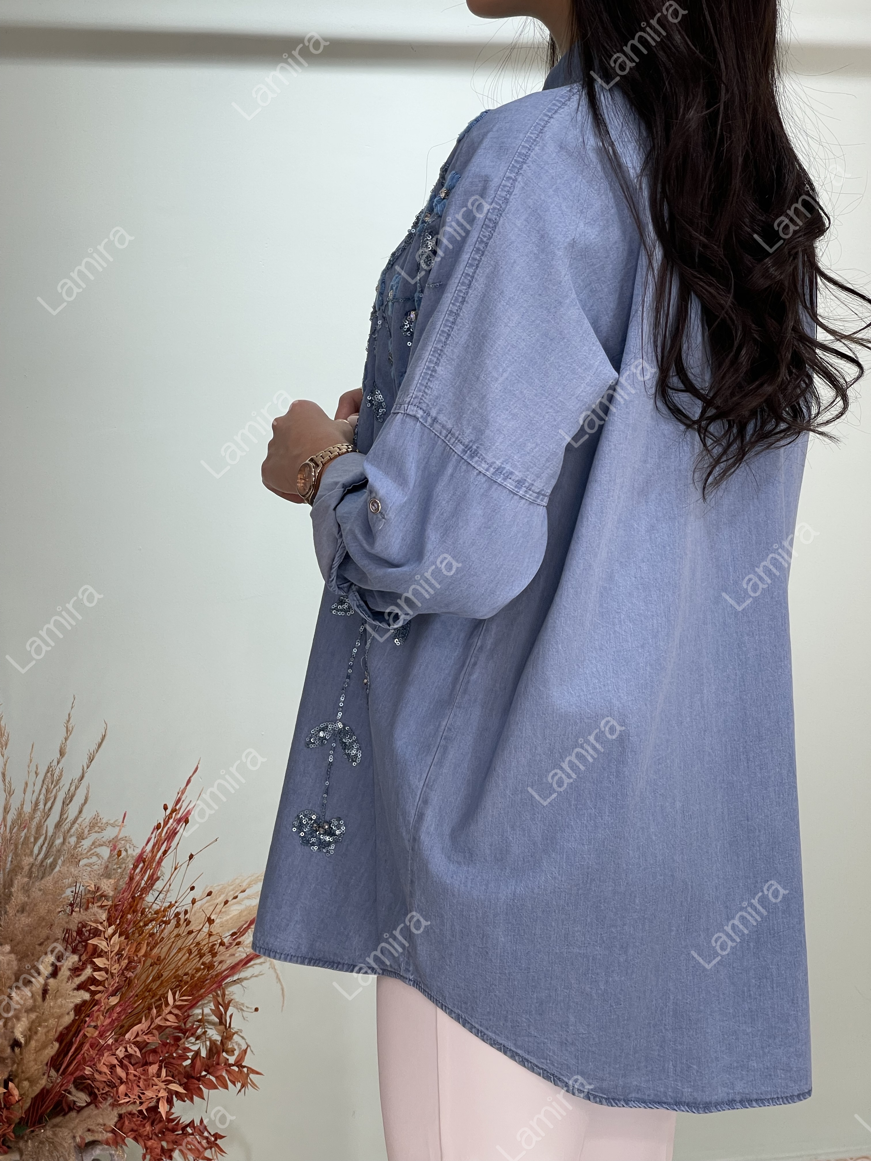 شومیز مانتویی مجلسی جین کار شده طرح گل