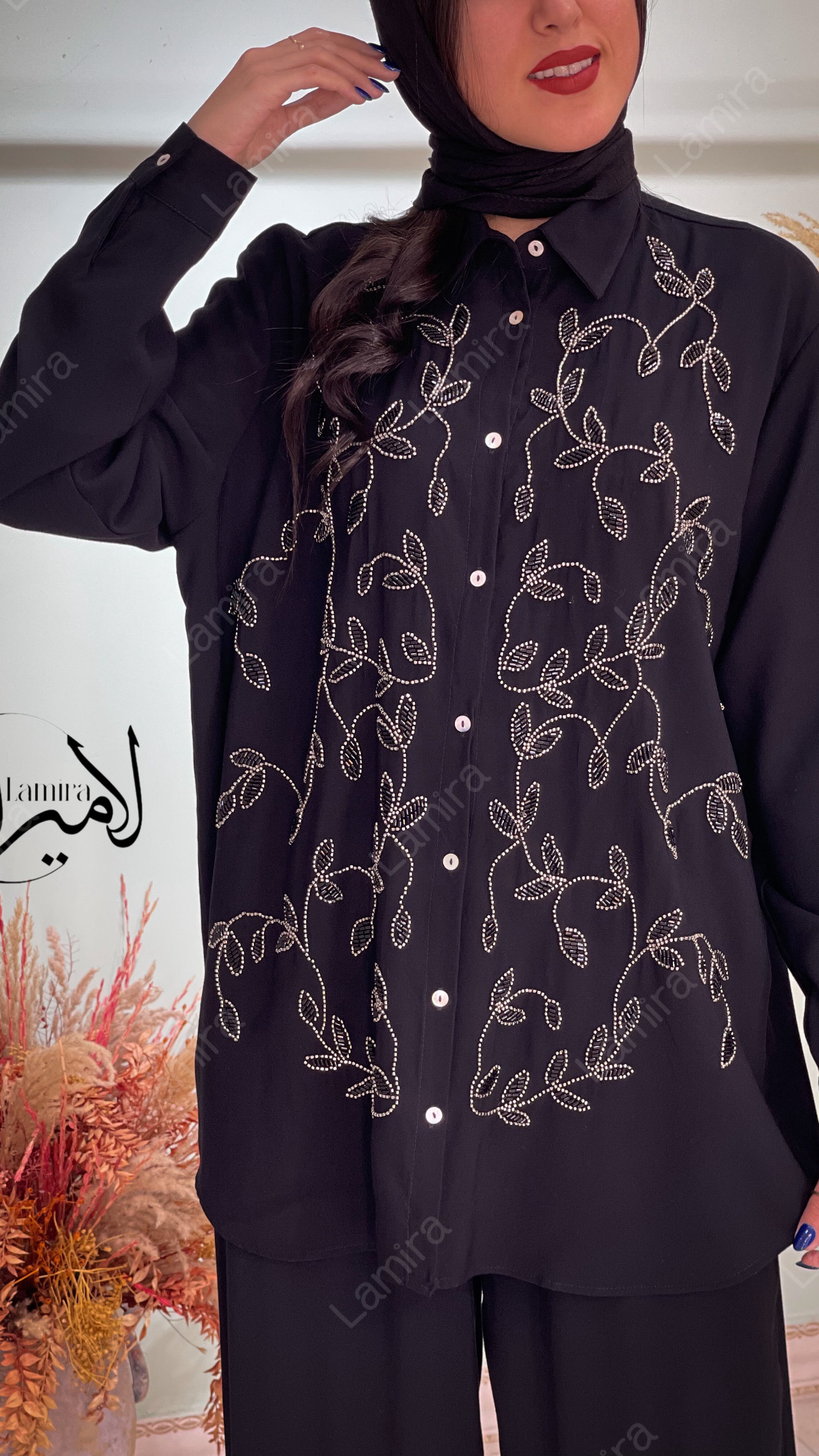 شومیز دکمه دار مجلسی طرح برگریزان