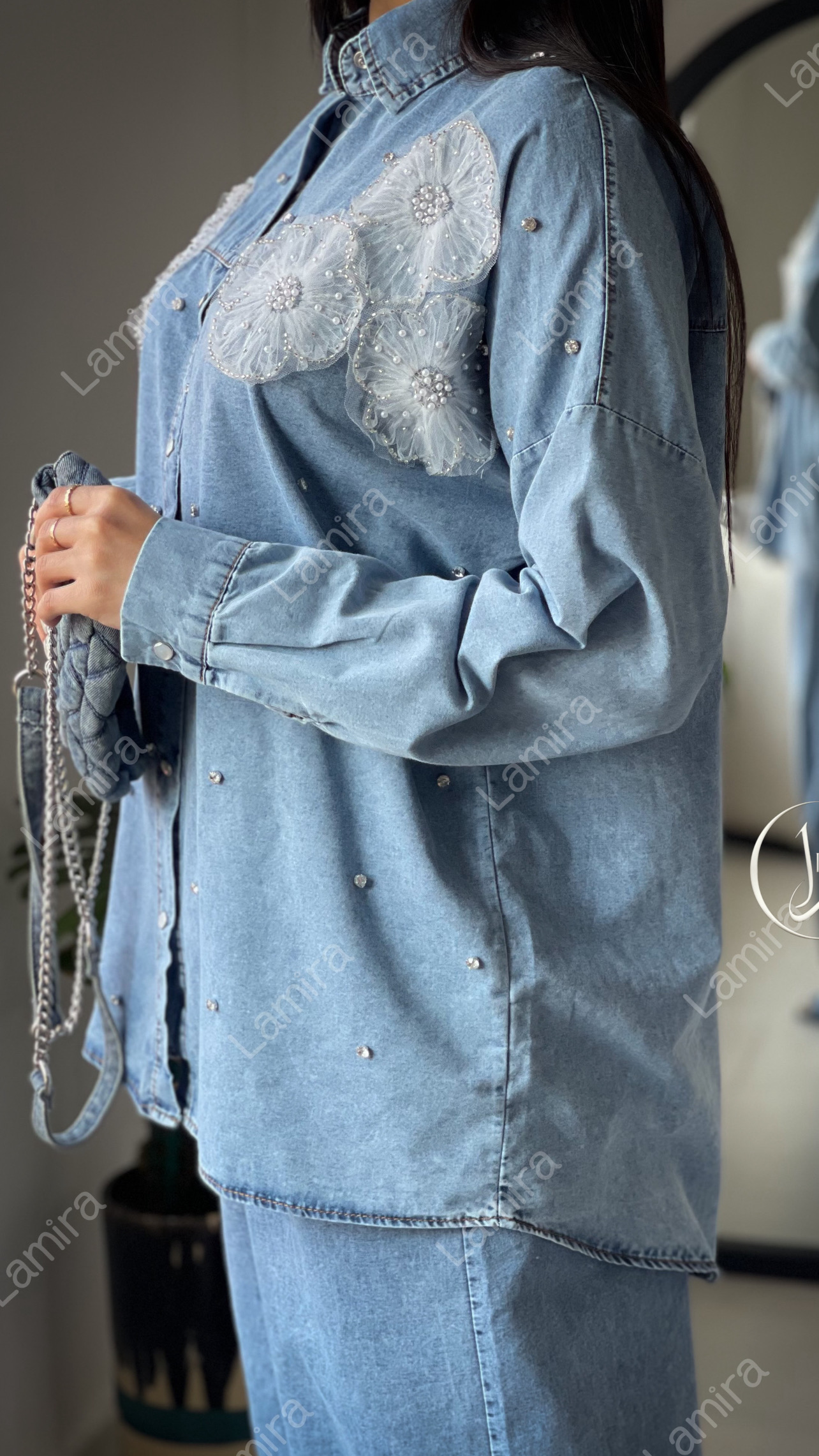 ست جین طرح گلبرجسته رنگ سفید