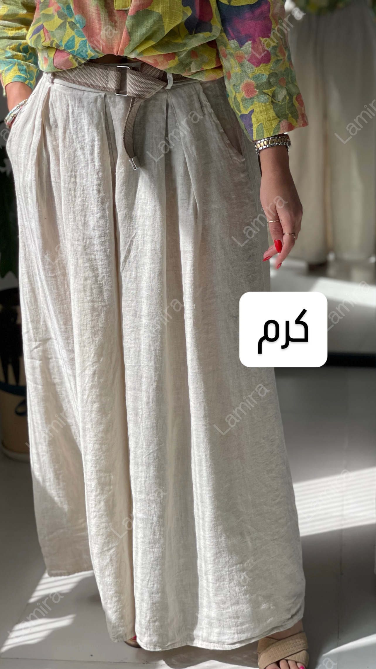 دامن شلواری کمربنددار لینن ایتالیایی