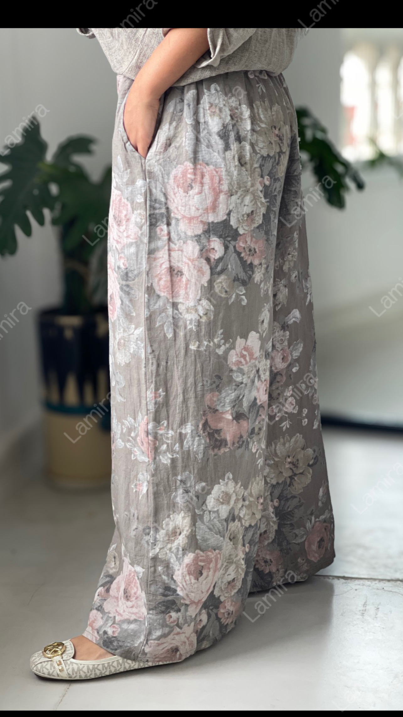 شلوار لینن ایتالیایی طرح دار گل رز