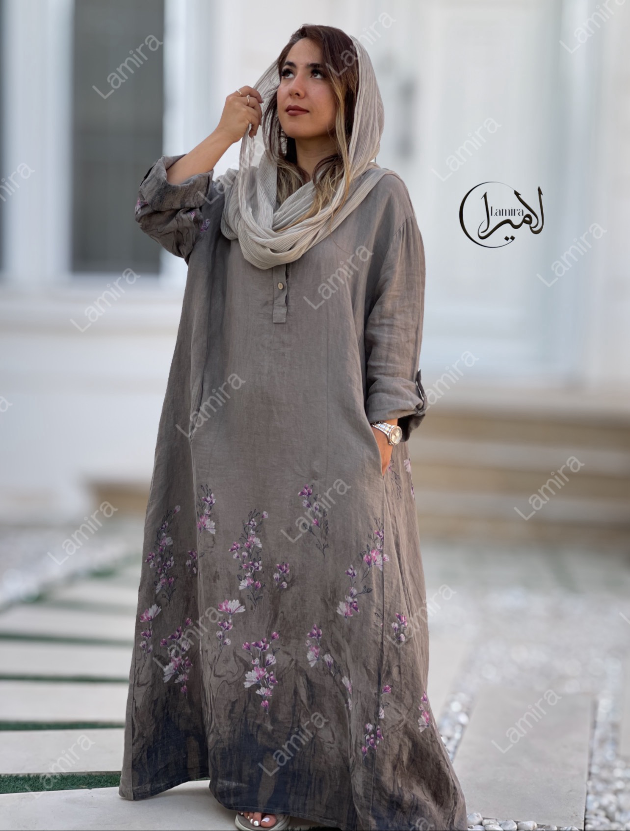 پیراهن لینن ایتالیایی طرح گل ریز