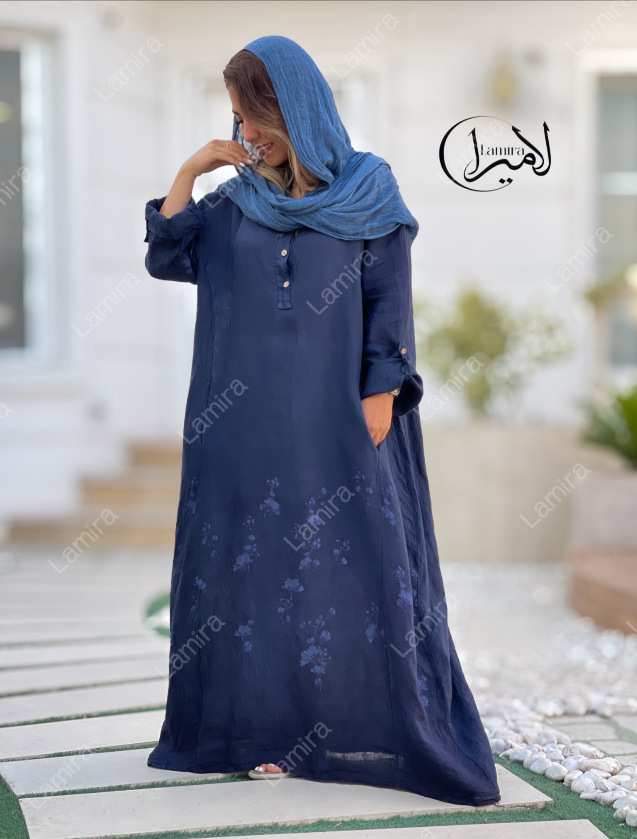 پیراهن لینن ایتالیایی طرح گل ریز