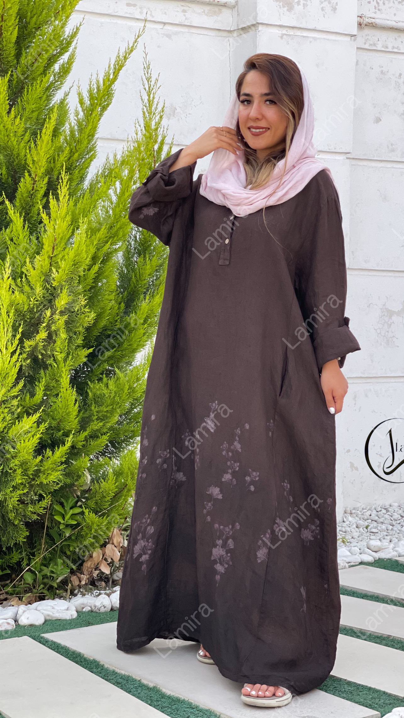 پیراهن لینن ایتالیایی طرح گل ریز