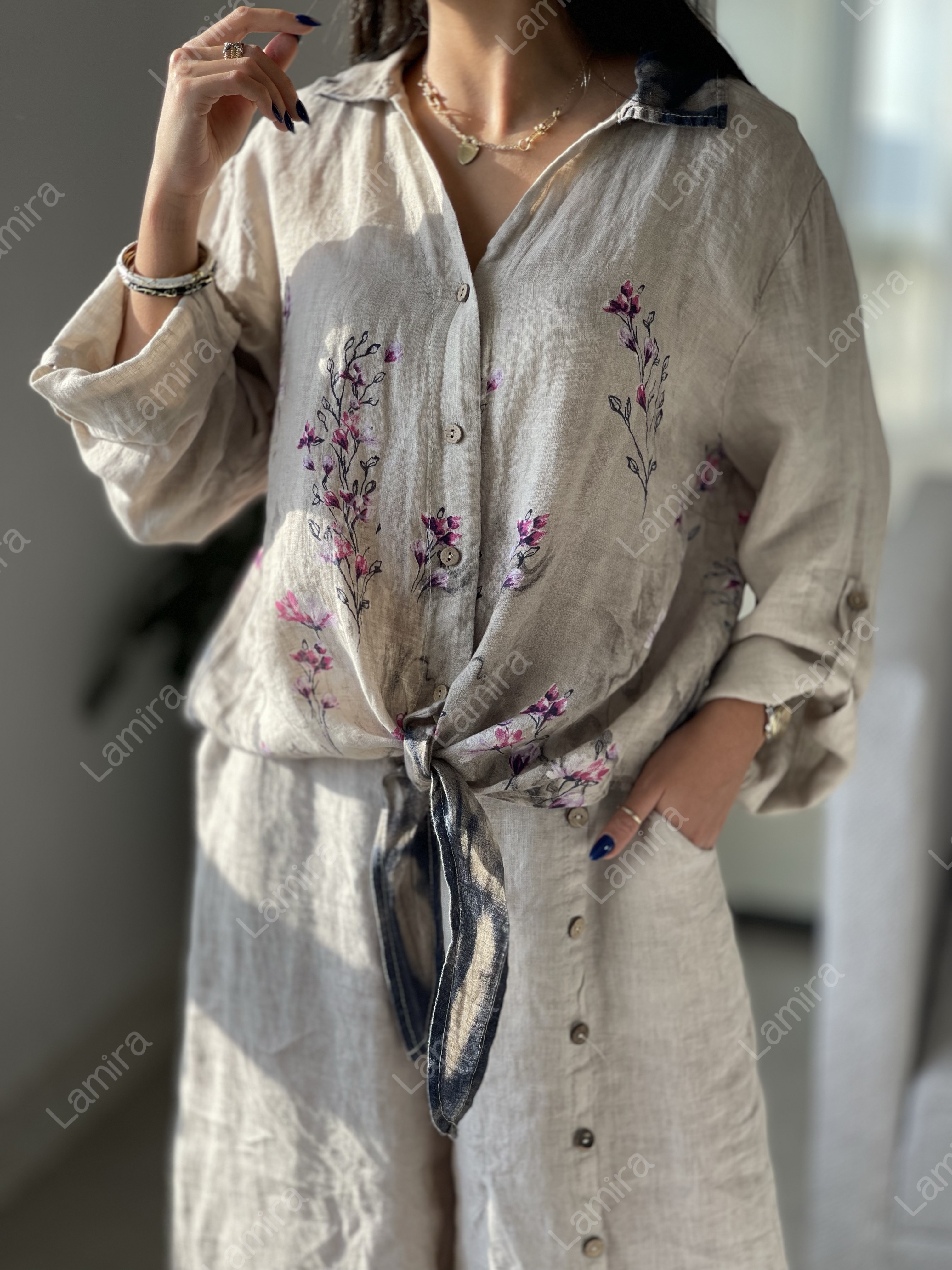 شومیز لینن ایتالیایی گرم بالا حلو گره ای طرح گلریز