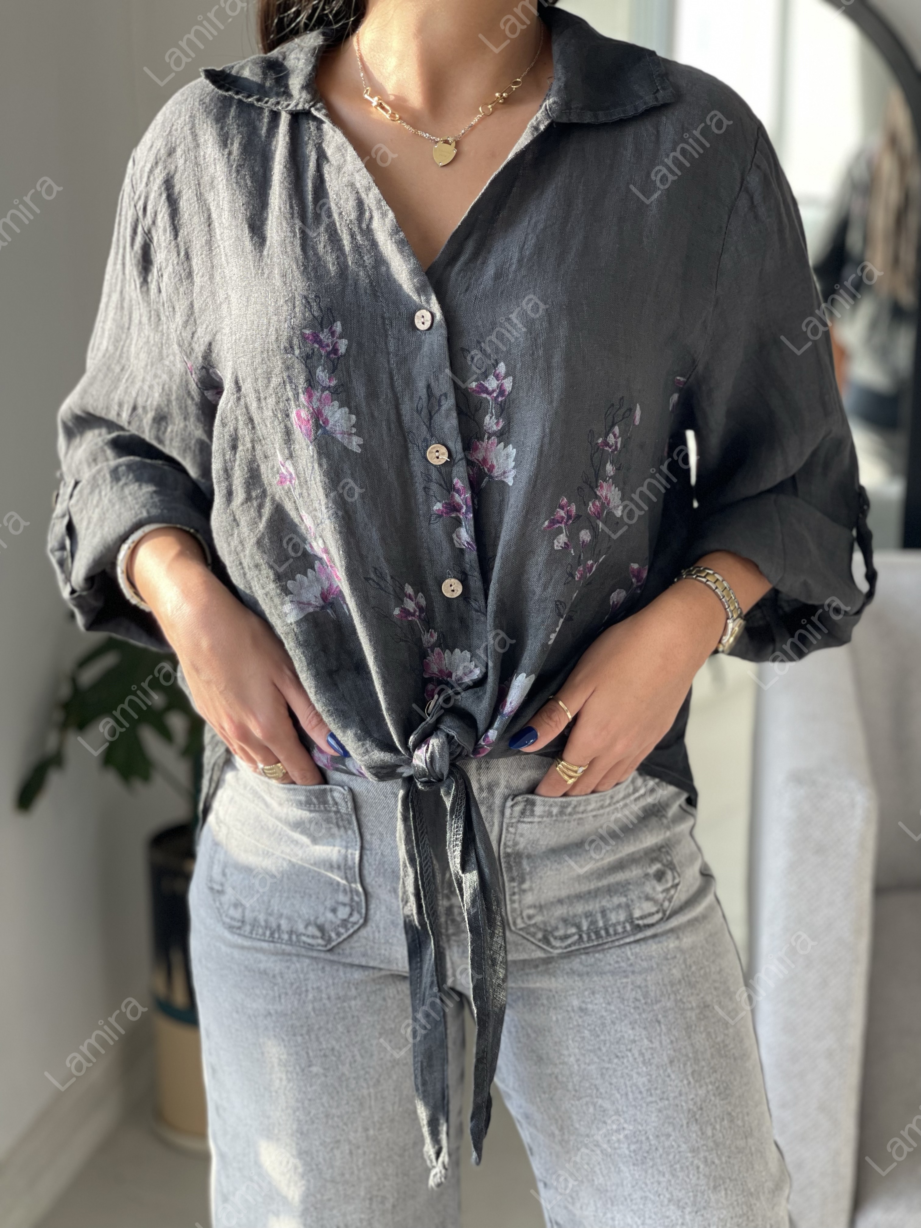 شومیز لینن ایتالیایی گرم بالا حلو گره ای طرح گلریز