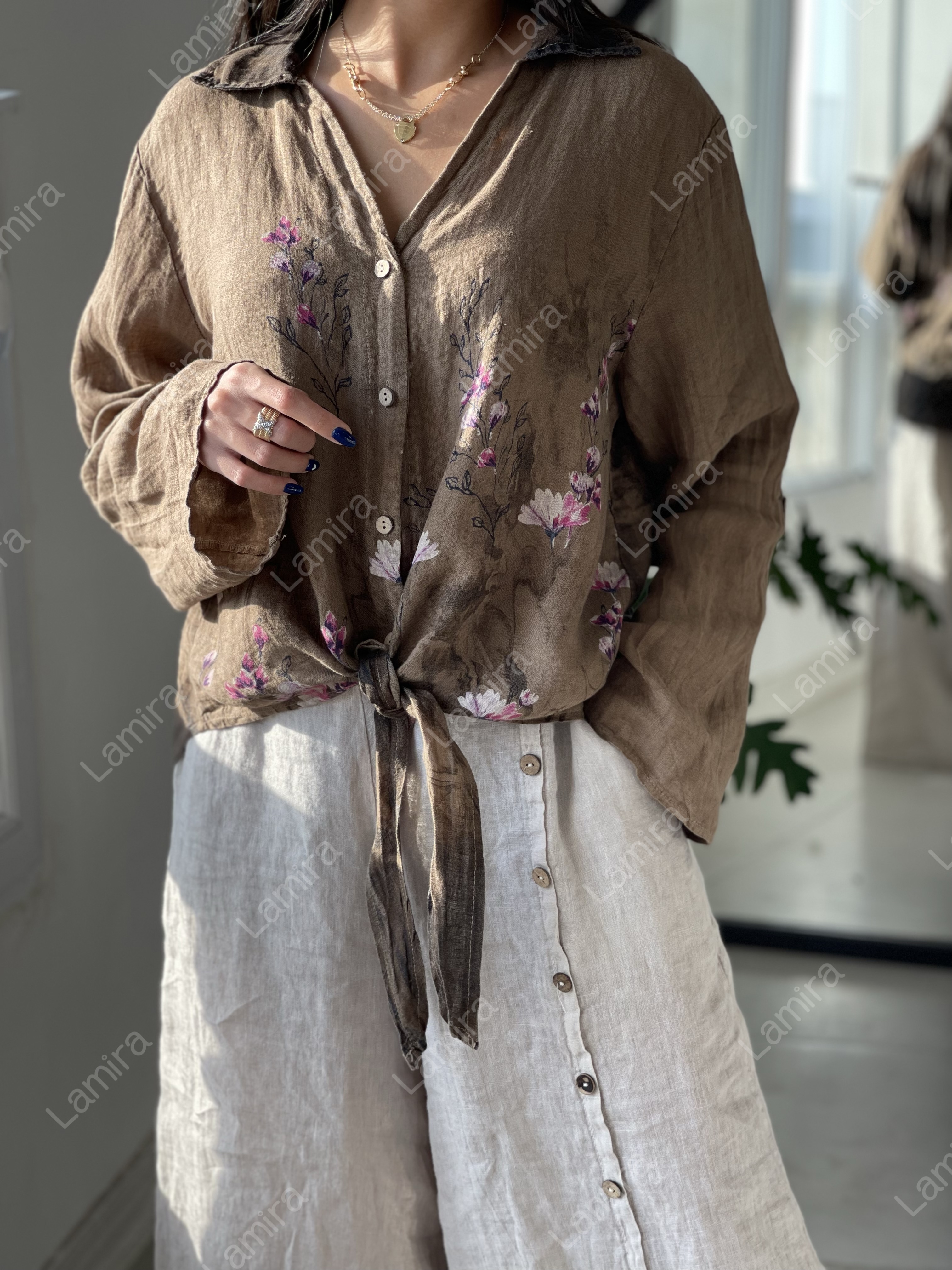 شومیز لینن ایتالیایی گرم بالا حلو گره ای طرح گلریز
