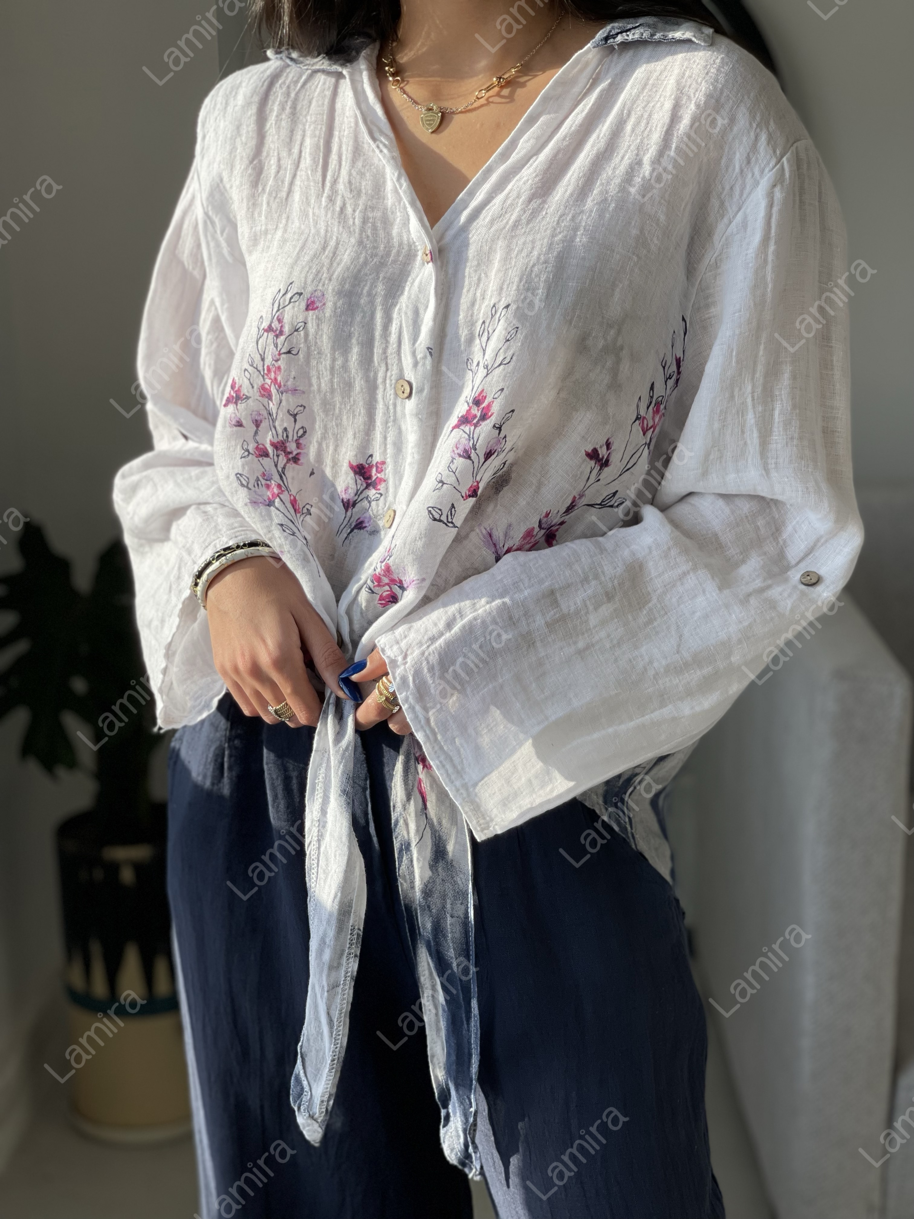 شومیز لینن ایتالیایی گرم بالا حلو گره ای طرح گلریز