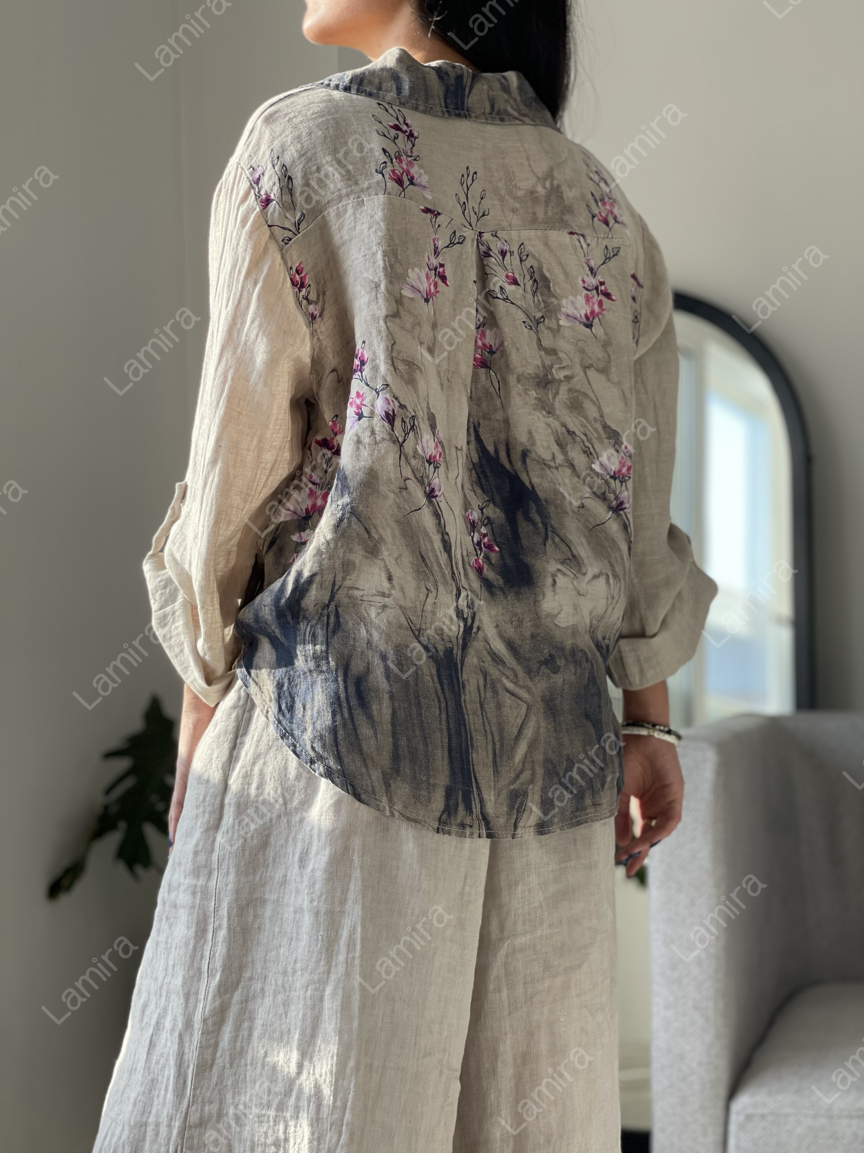 شومیز لینن ایتالیایی گرم بالا حلو گره ای طرح گلریز