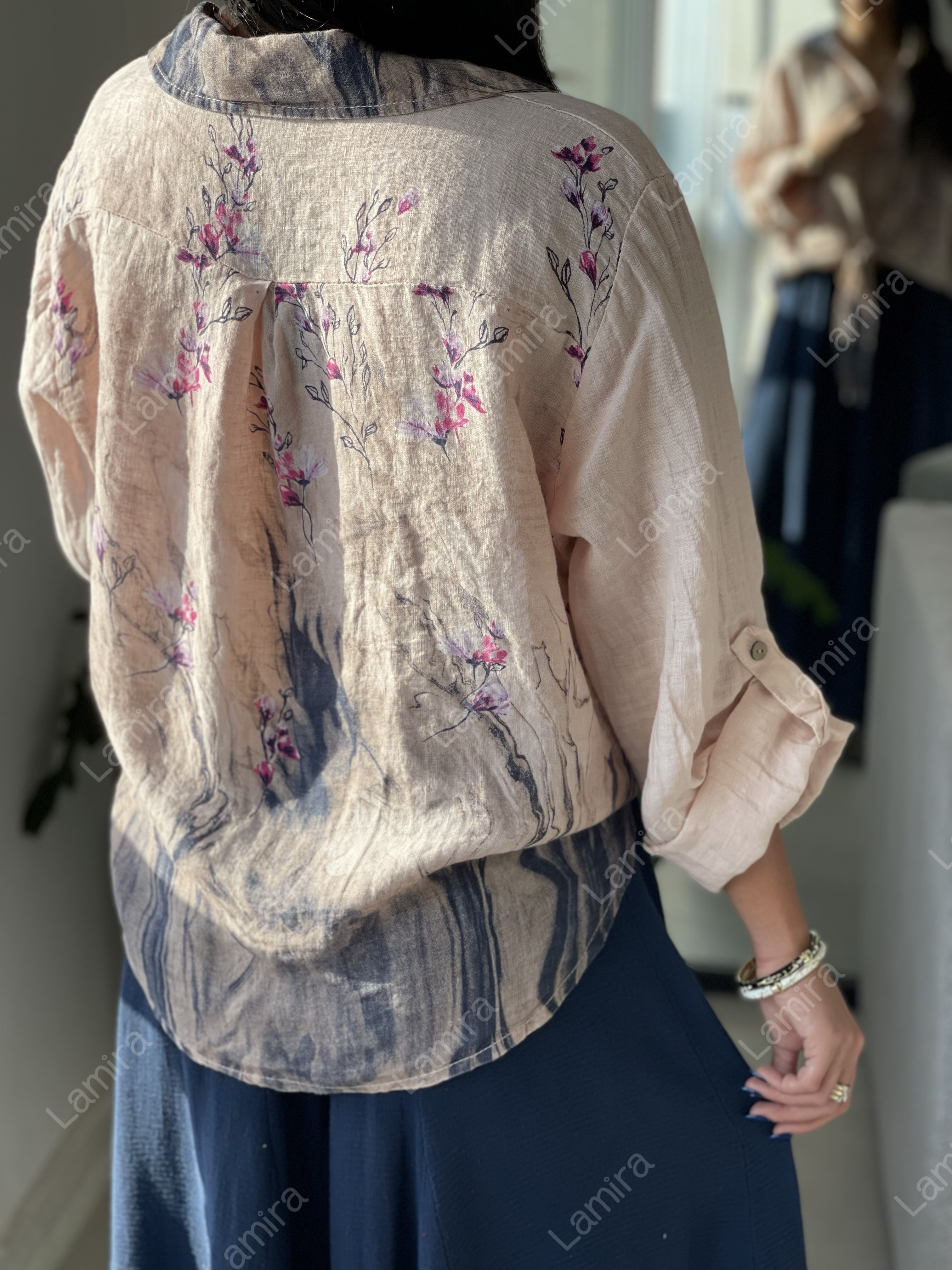 شومیز لینن ایتالیایی گرم بالا حلو گره ای طرح گلریز
