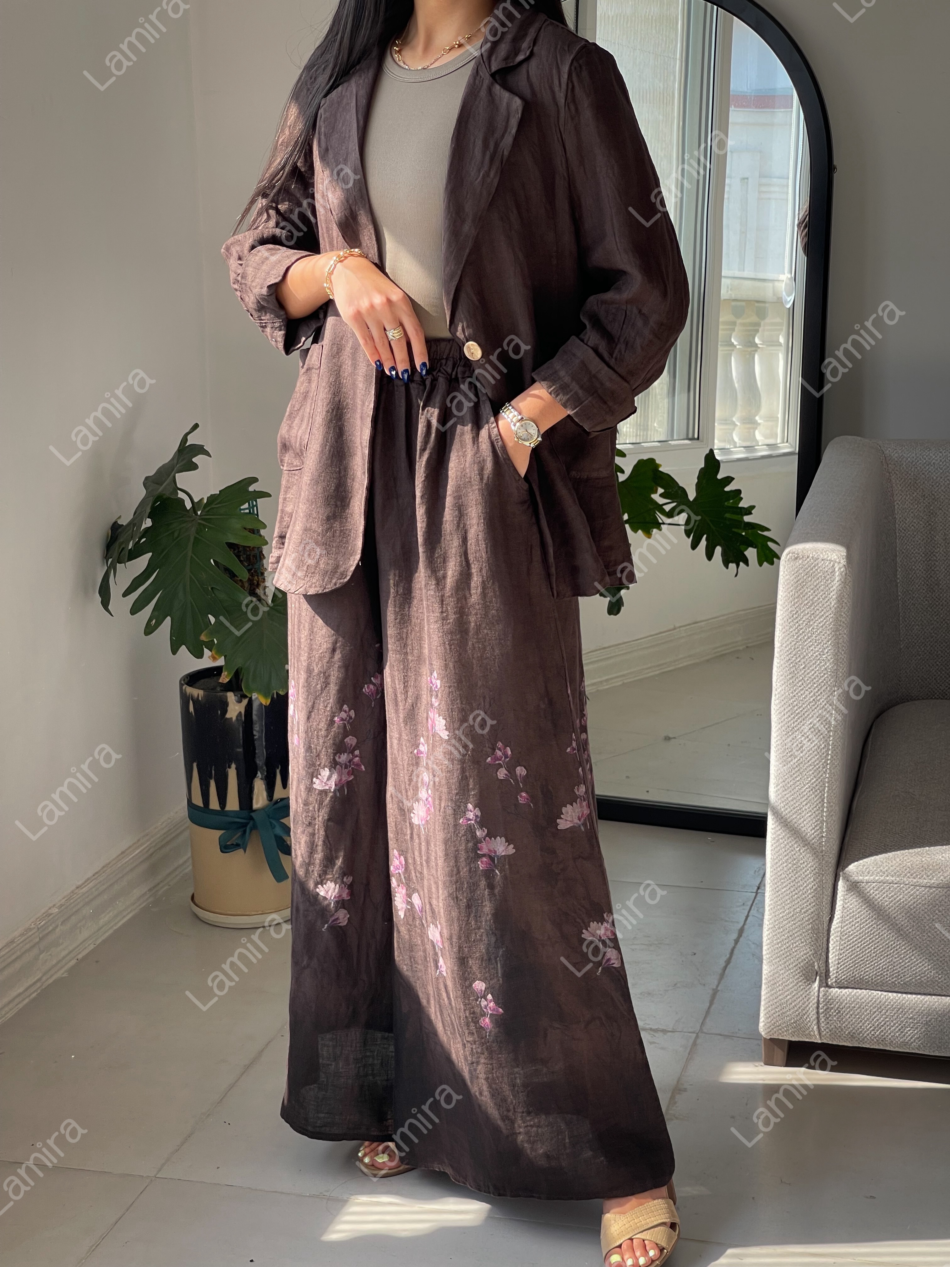 کت شلوار لینن ایتالیایی طرح گل ریز