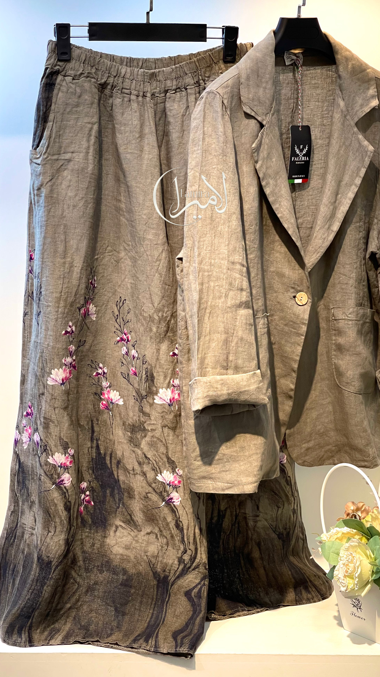 کت شلوار لینن ایتالیایی طرح گل ریز
