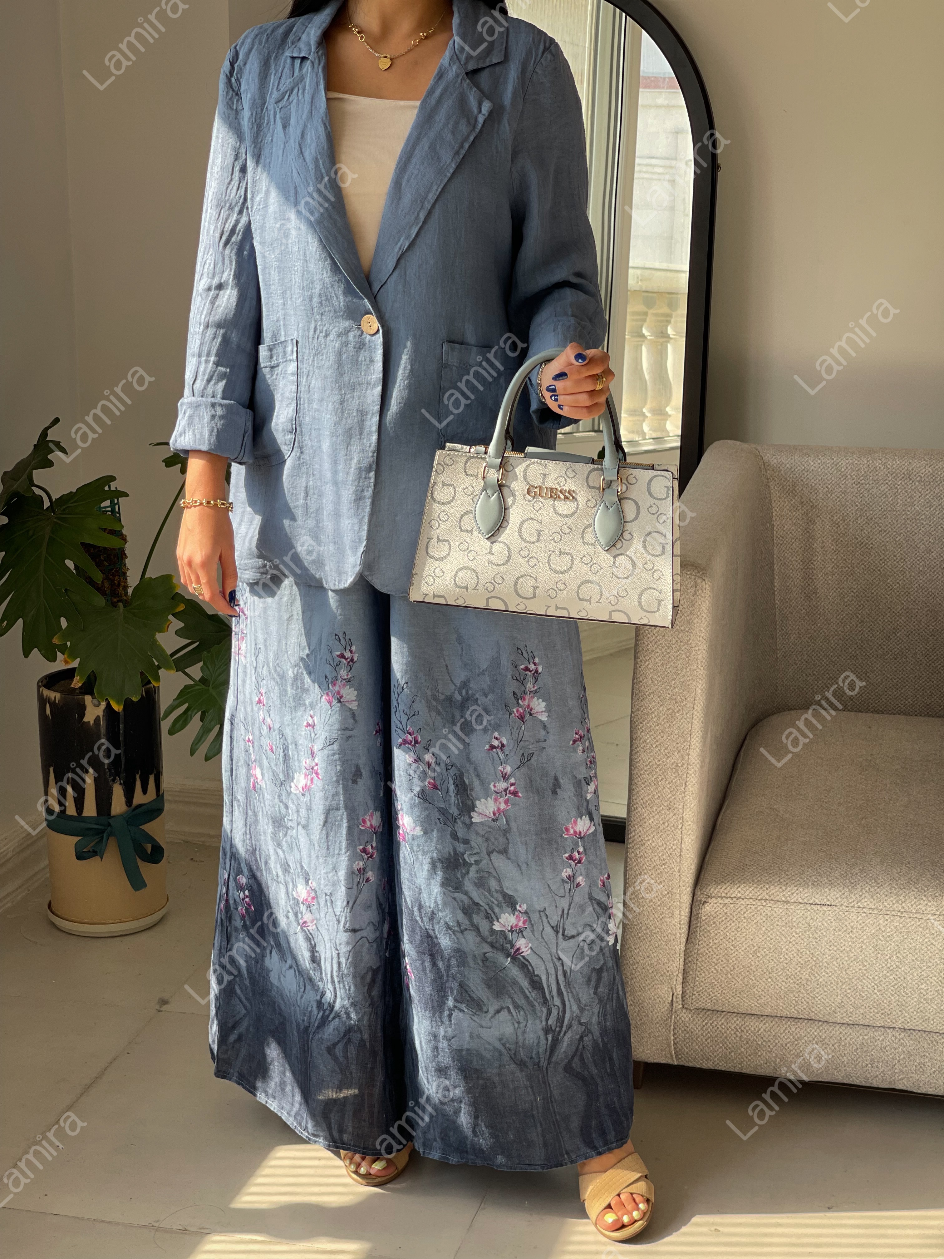 کت شلوار لینن ایتالیایی طرح گل ریز