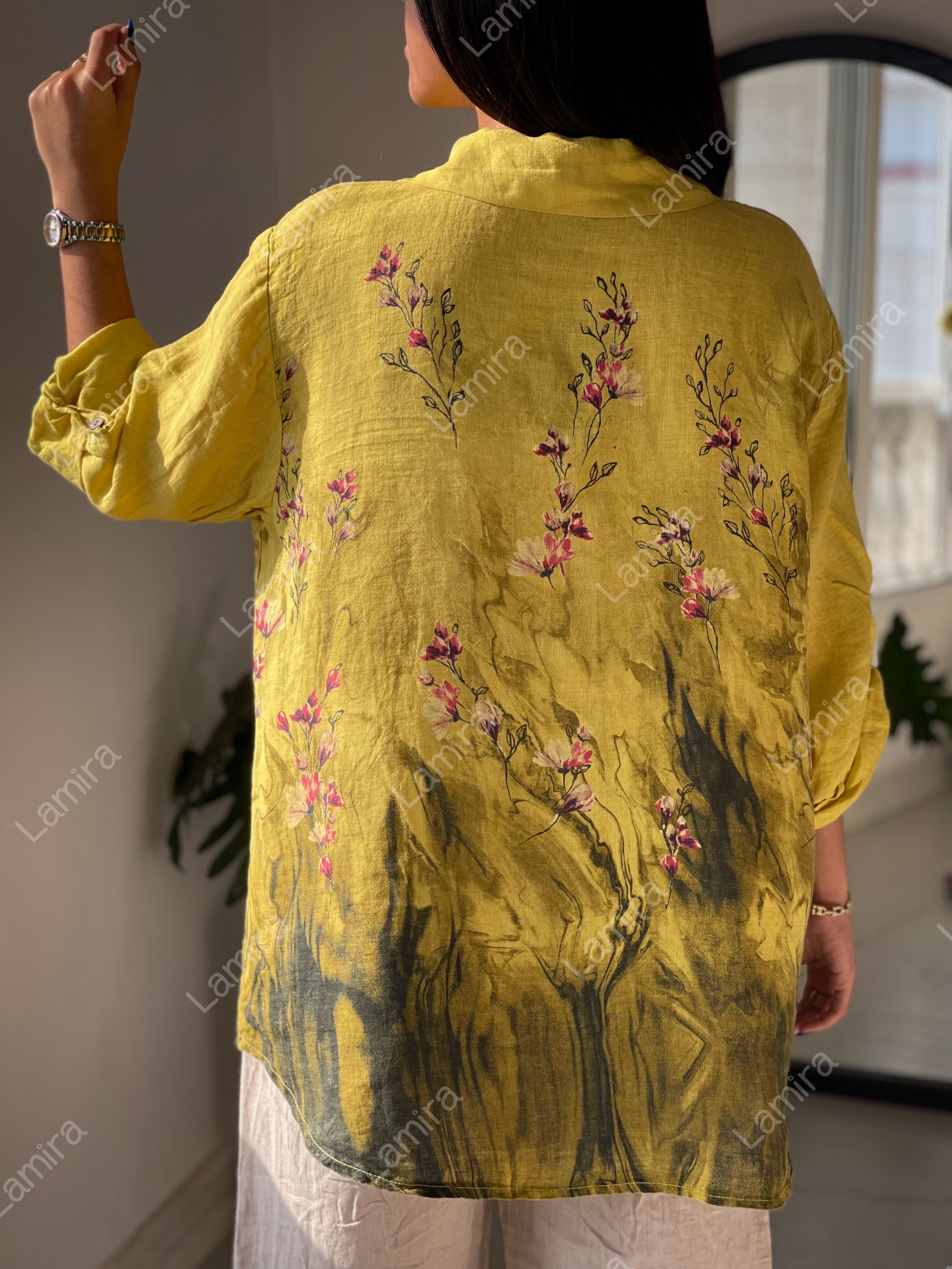 شومیز لینن ایتالیایی بلندطرح گل ریز