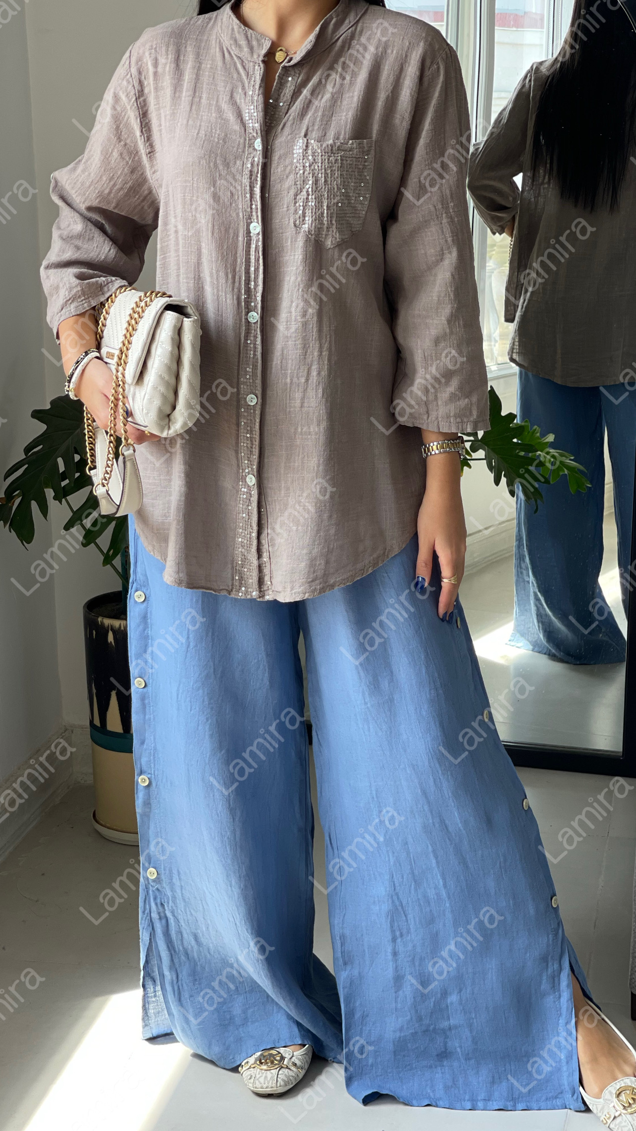 شومیز لینن ایتالیای ساده جیب پولکی