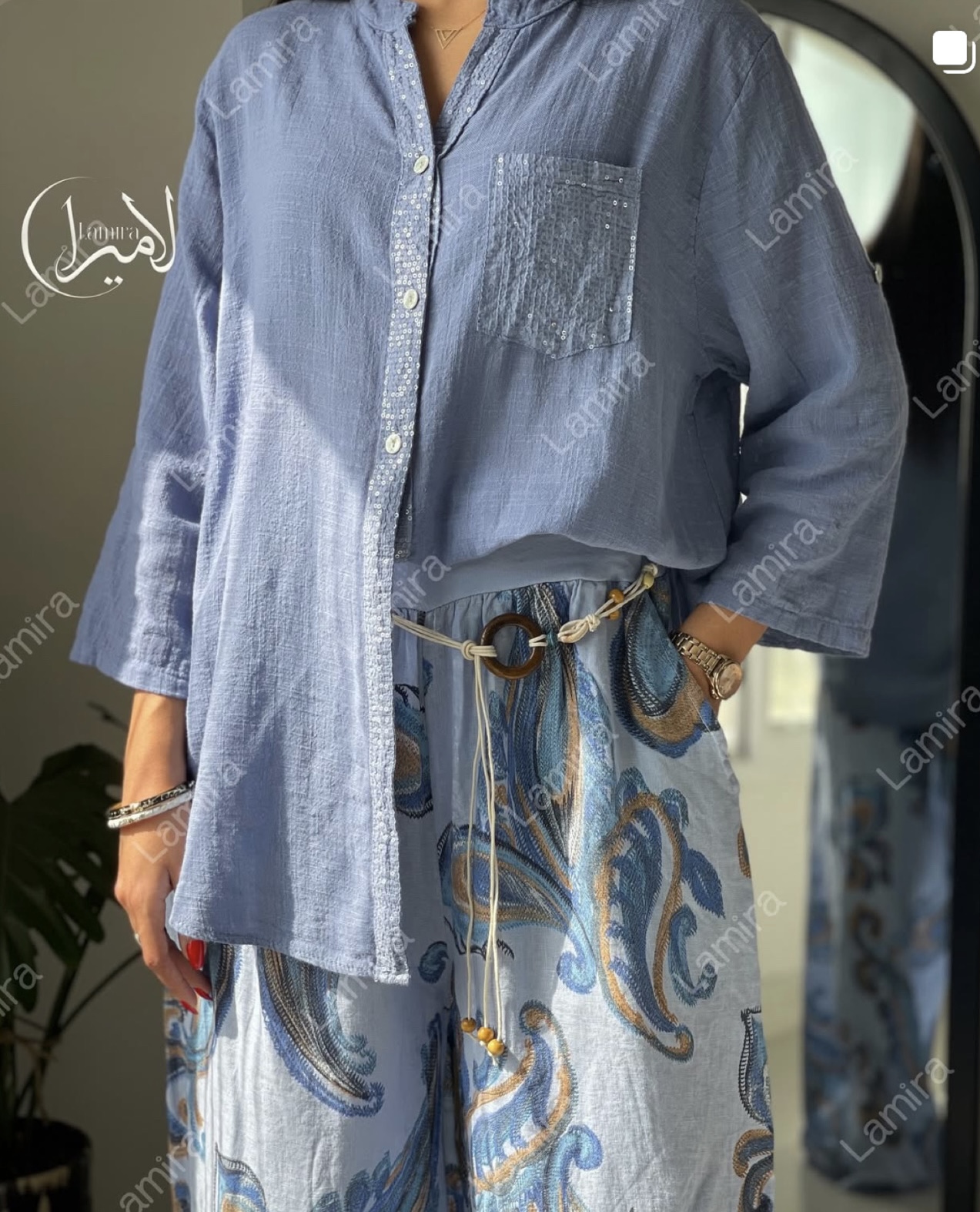 شومیز لینن ایتالیای ساده جیب پولکی
